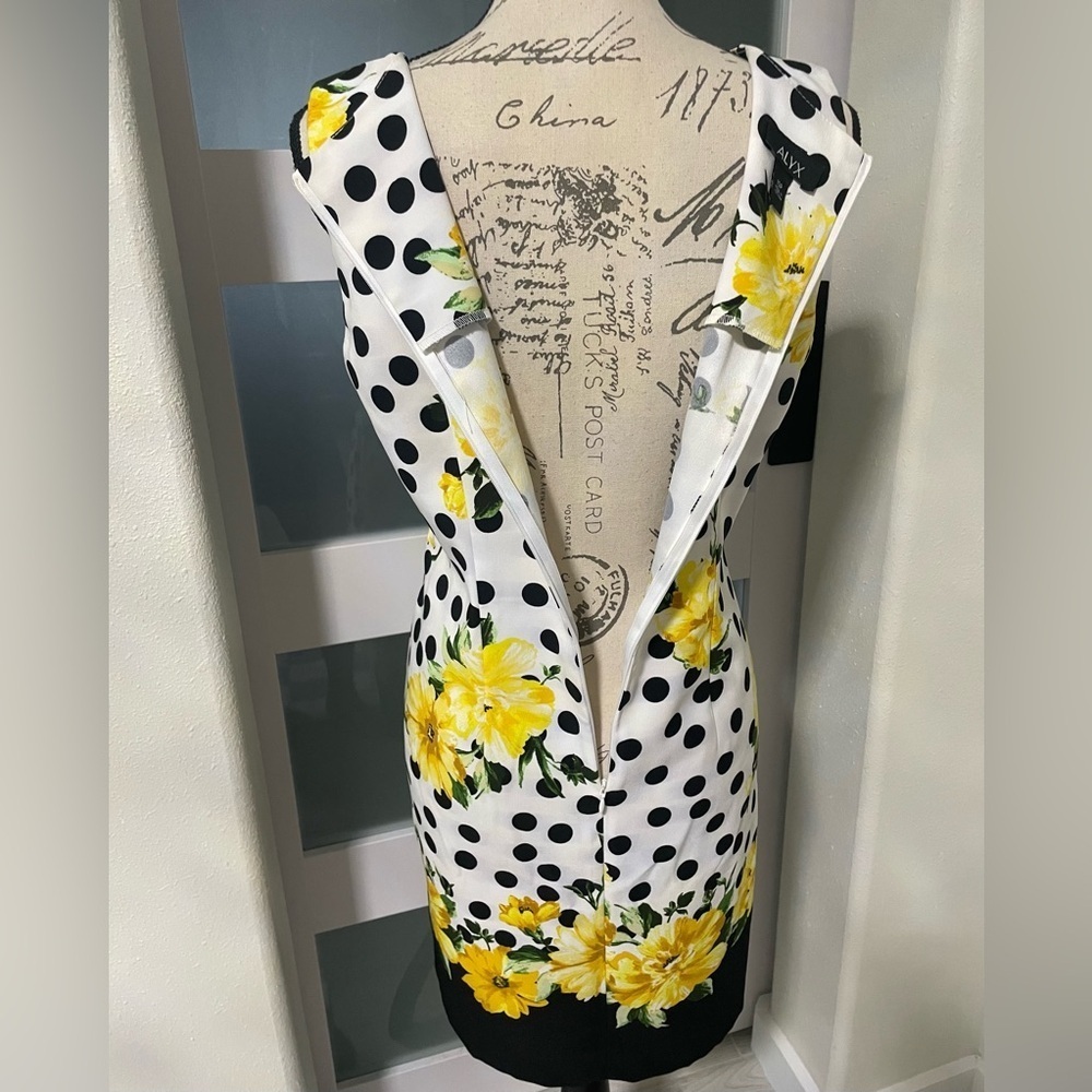 Black and White Polka Dot Sleeveless Sheath Dress with Yellow Floral Design - Picture 8 of 8